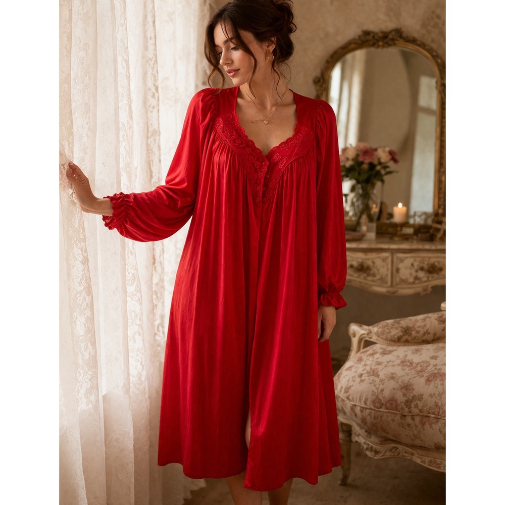 Vintage Vanity Fair Lace Robe Peignoir Nightgown Red Nylon Tricot Med USA Made